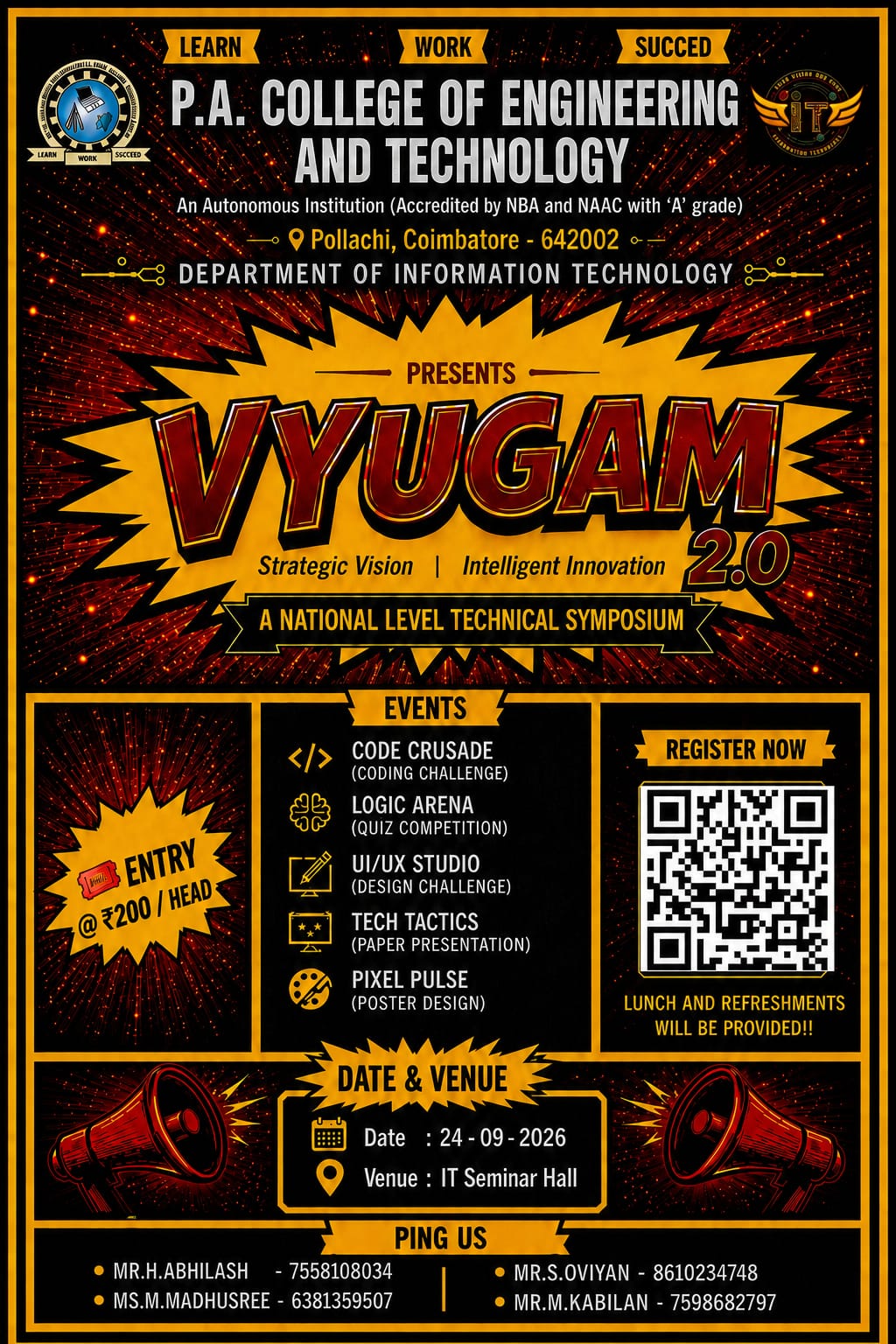 VYUGAM 2.0, PA College of Engineering and Technology, Technical Symposium, Coimbatore banner